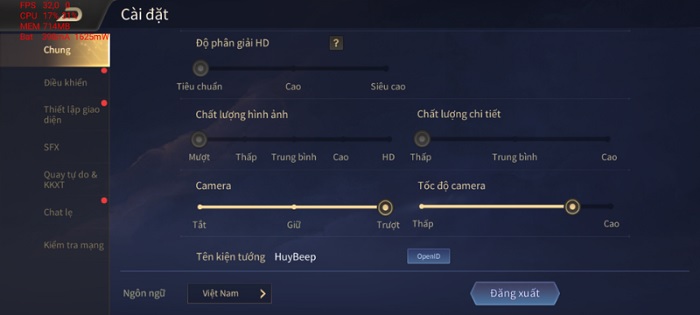 Cài đặt đồ họa chơi Liên Quân trên Vsmart Star 5