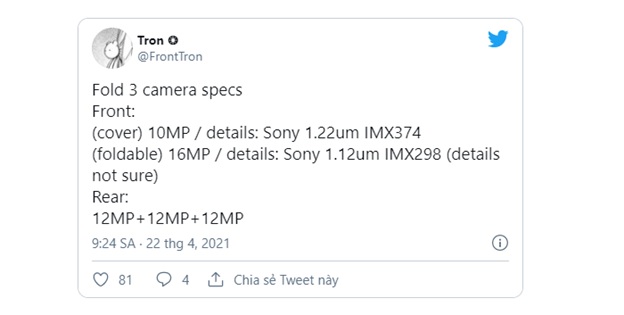 Nguồn tin tiết lộ về camera Galaxy Z Fold 3