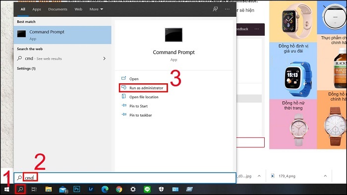 Nhập lệnh cmd vào ô tìm kiếm và nhấn Enter