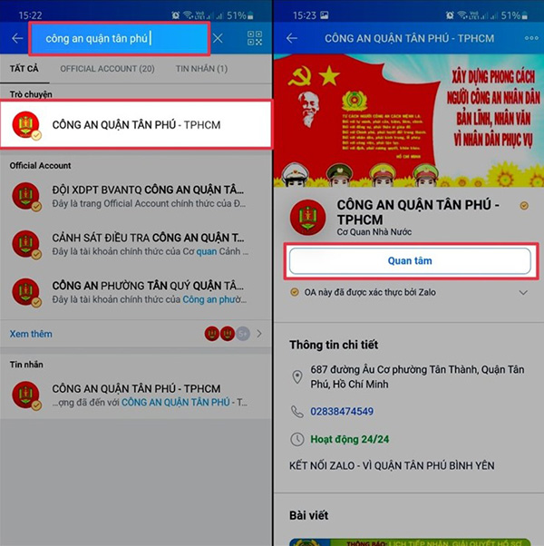 Nhấn vào nút “Quan tâm” của kết quả tìm kiếm.