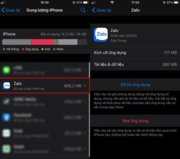Xóa ứng dụng để xóa caches.