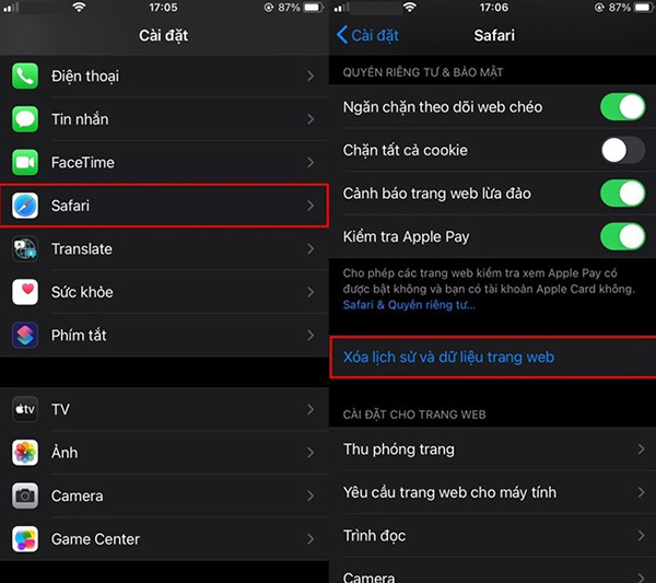 Xóa lịch sử và dữ liệu trang web
