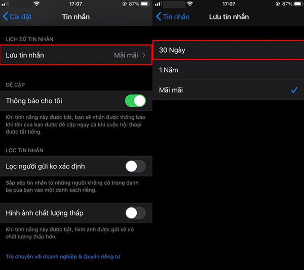 Cài đặt ngày lưu trữ tin nhắn.