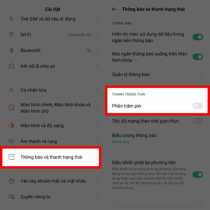 Bật phần trăm pin