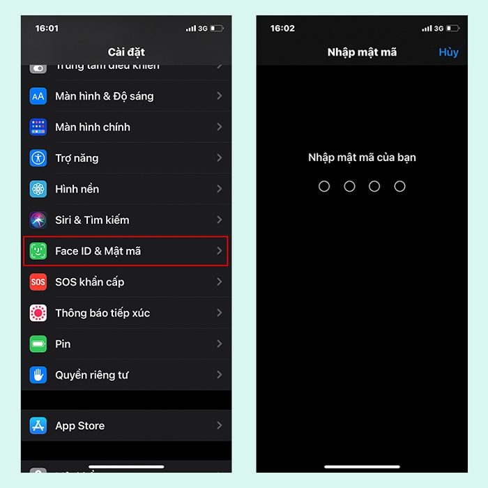 Chọn mục Face ID & Mật khẩu và nhập mật khẩu