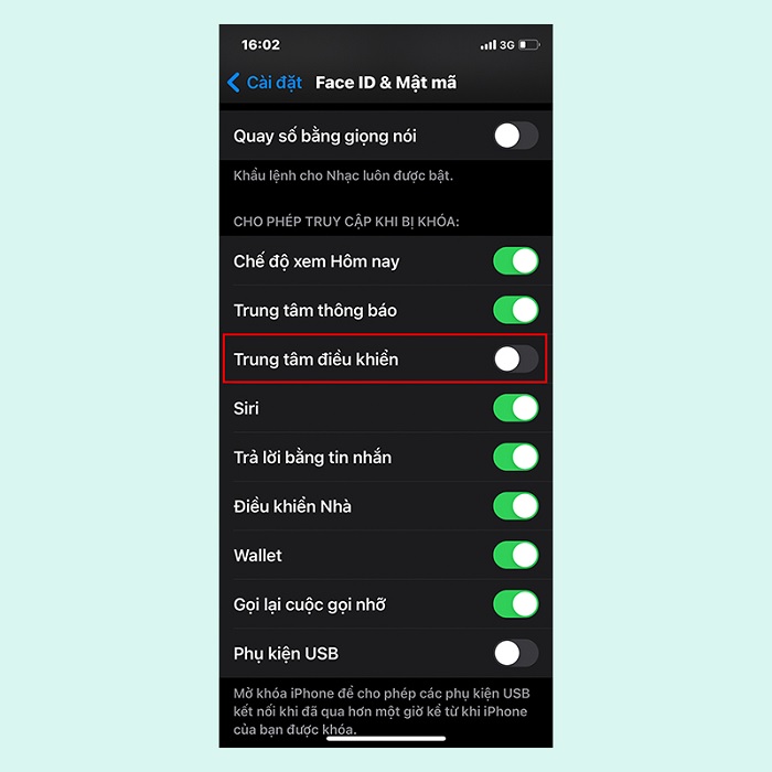 Gạt nút sang trái để tắt tính năng Trung tâm điều khiển