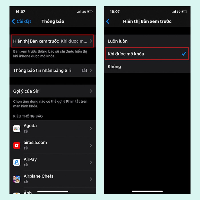 Tích chọn chế độ Khi được mở khóa trong mục Hiển thị bản xem trước