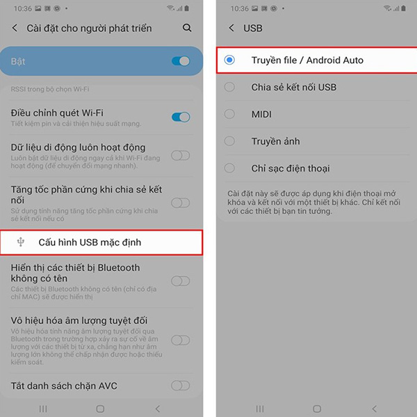 Chọn chế độ Cấu hình USB mặc định và chọn cài đặt mong muốn.
