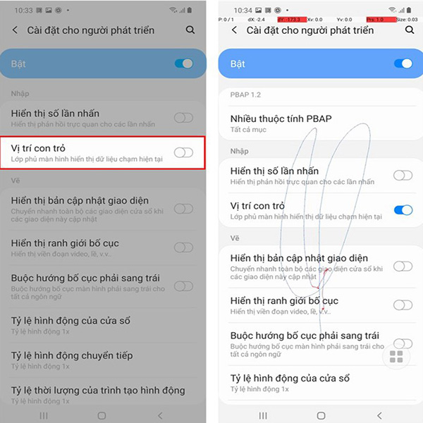 Chọn Vị trí con trỏ trong mục Cài đặt cho người phát triển
