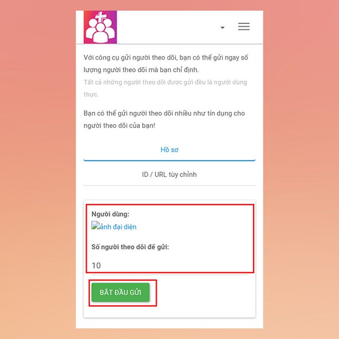 Nhấn chọn mục Bắt đầu gửi để nhận được lượng follow.