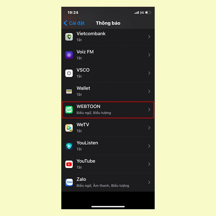Chọn ứng dụng muốn ẩn thông báo