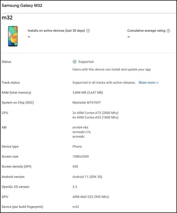 Thông số kỹ thuật của Galaxy M32 trên Google Play Console