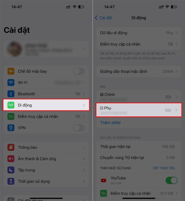 Chọn Di động và nhấn vào SIM đang sử dụng