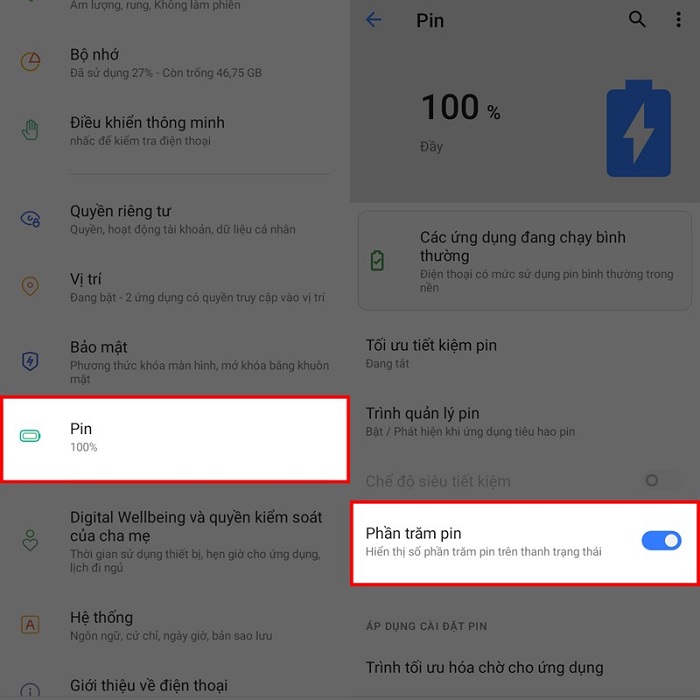 Nhấn chọn Pin và gạt công tắc ở mục Phần trăm pin