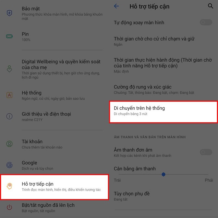 Chọn mục Di chuyển trên hệ thống