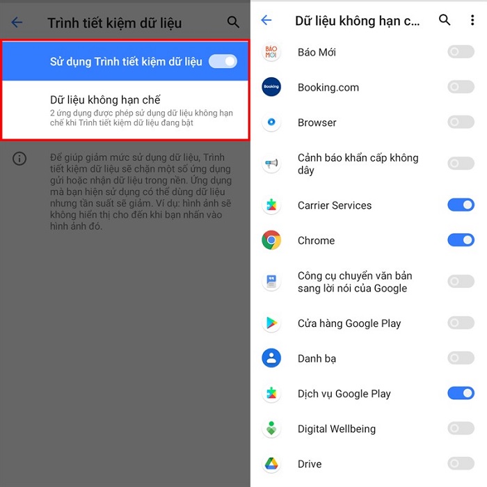 Trong mục Sử dụng Trình tiết kiệm dữ liệu, gạt công tắc để sử dụng chế độ này