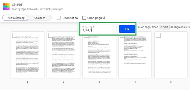 Nhập số trang và khoảng trang muốn tách