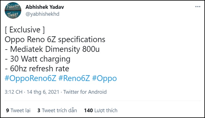 Cấu hình Reno6 Z được tiết lộ