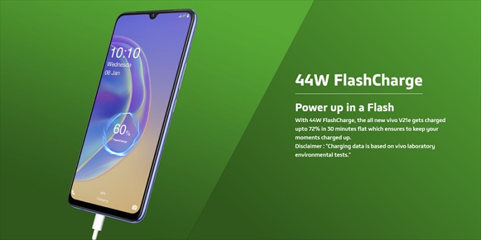 Vivo V21e 5G hỗ trợ sạc nhanh 44W