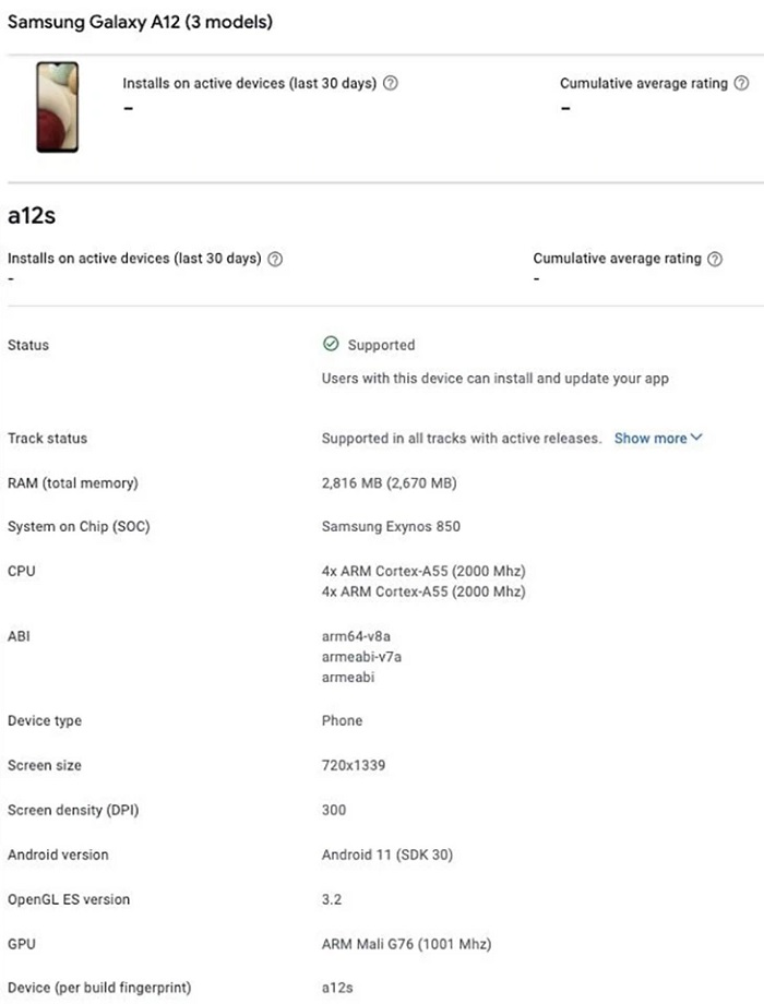 Galaxy A12s được tìm thấy trên Google Play Console