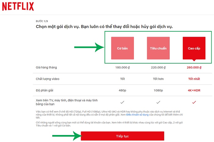 Cách đăng ký tài khoản Netflix là chọn gói dịch vụ rồi nhấn tiếp tục