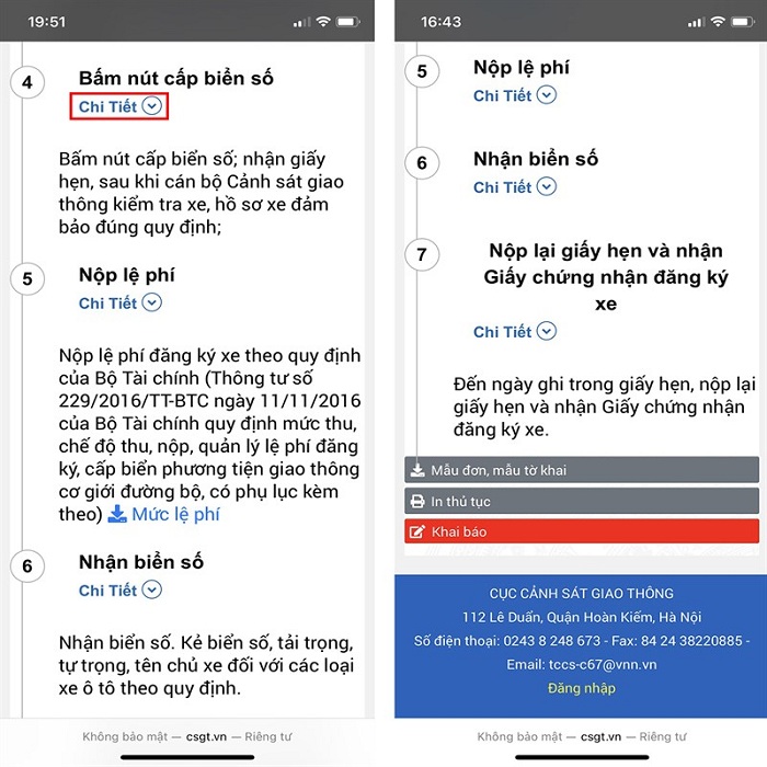 Chi tiết của từng mục