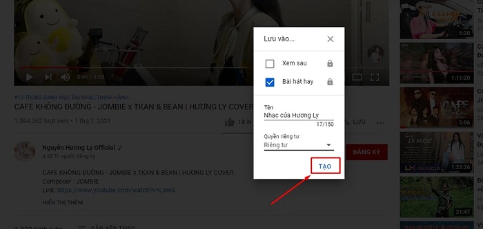 Click nút tạo để tạo danh sách phát mới