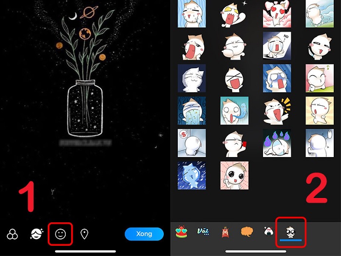 Nhấn chọn biểu tượng sticker và lựa chọn sticker mình muốn