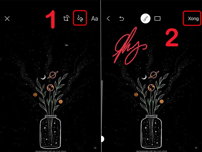 Bạn nhấn chọn biểu tượng nét vẽ và thêm nét vẽ theo ý muốn và nhấn nút Xong