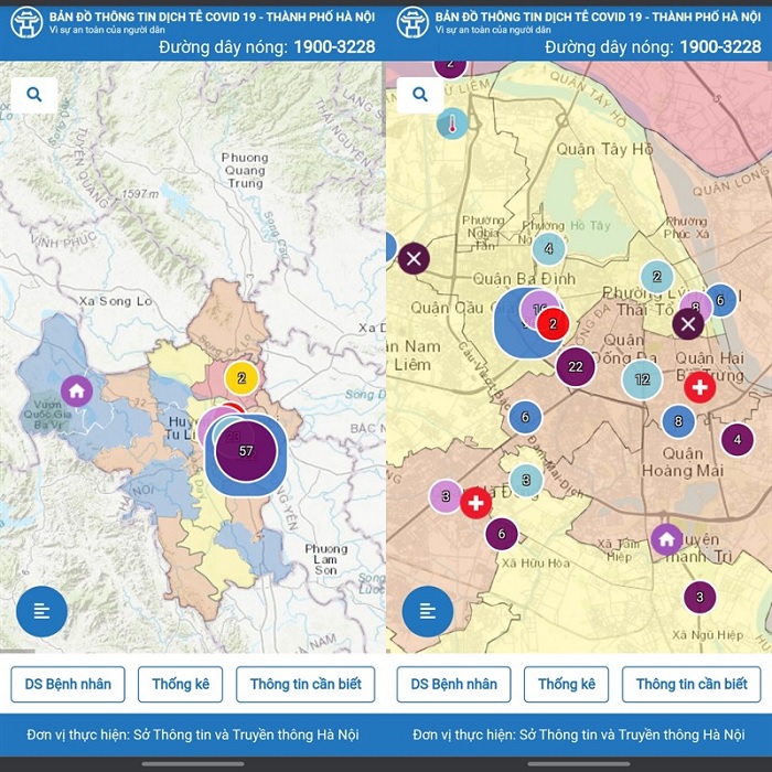 Website hiện lên bản đồ Hà Nội và được phân thành nhiều màu