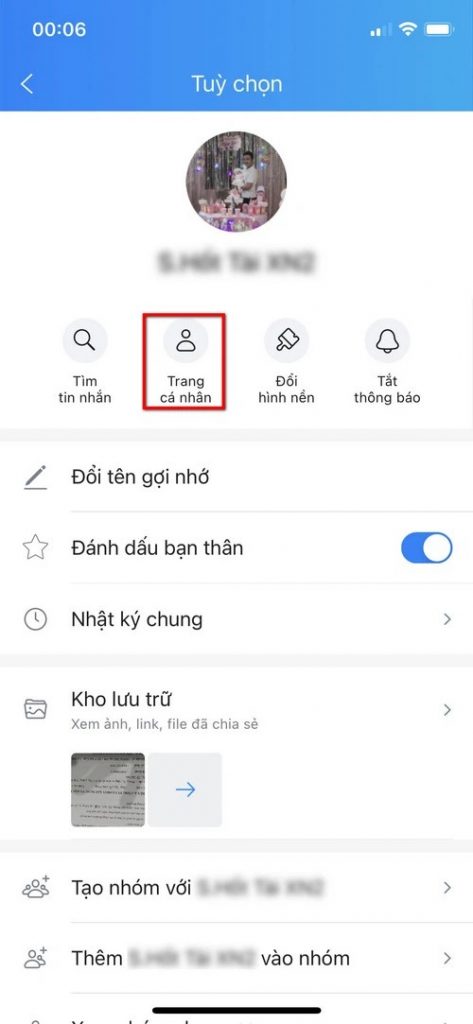 Nhấn chọn Trang cá nhân trong mục Tùy chọn