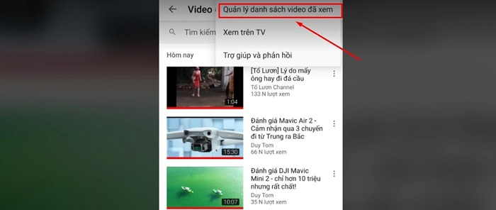 Chọn mục Quản lý danh sách video đã xem