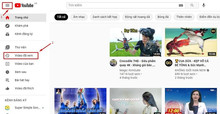Nhấn chọn mục Video đã xem ở menu bên trái màn hình