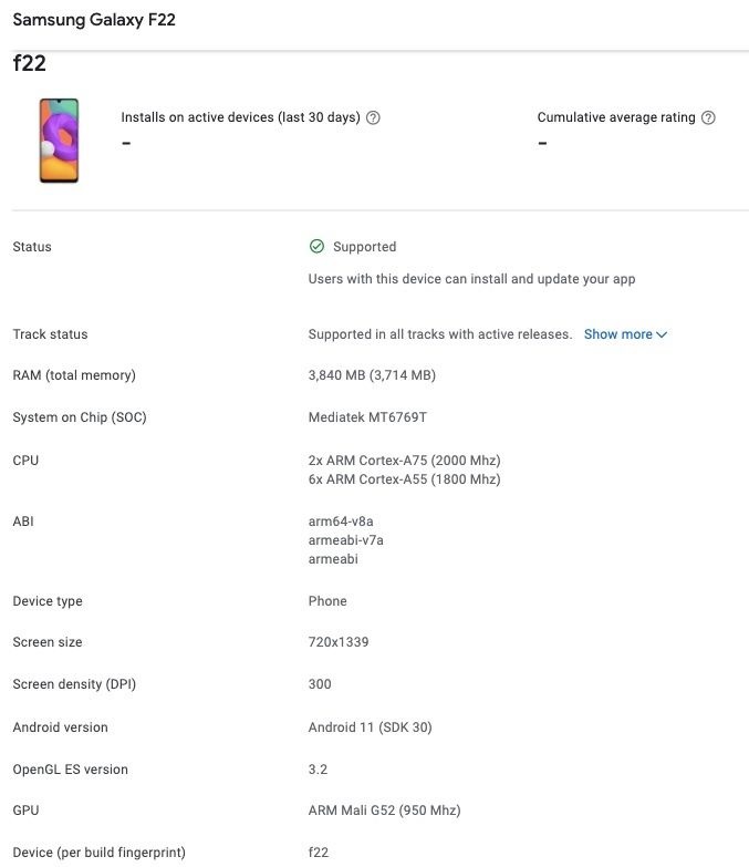Cấu hình chi tiết Samsung Galaxy F22 lộ diện