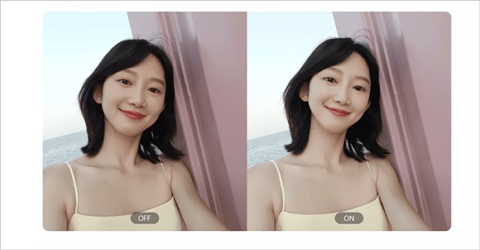 Ảnh chụp selfie từ OPPO Reno6 trước và sau khi bật chế độ làm đẹp