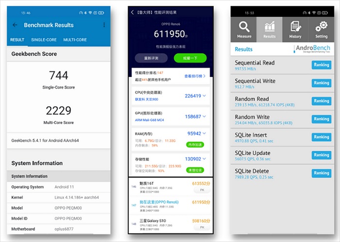 Điểm hiệu năng đo bằng GeekBench 5 ngoài cùng bên trái, AnTuTu Benchmark ở giữa và AndroBench ngoài cùng bên phải