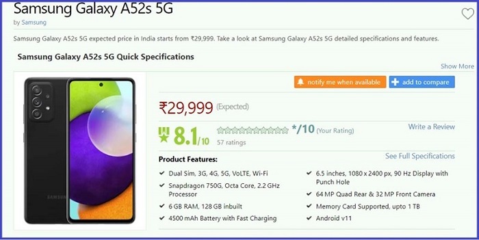 Giá bán dự kiến của Galaxy A52s 5G