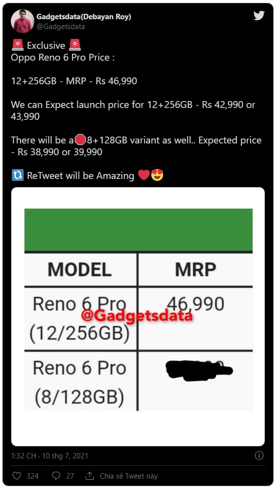 Tài khoản Debayan Roy đã tiết lộ giá bán dòng Reno6 trên mạng xã hội Twitter
