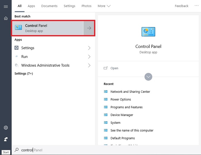 Nhấn vào biểu tượng Windows trên bàn phím và nhập dòng chữ Control Panel