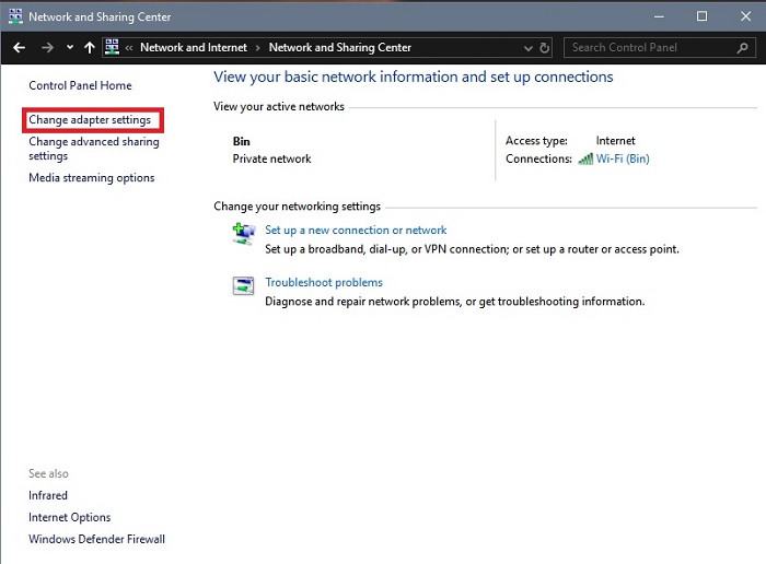 Chọn mục Change adapter settings nằm bên trái màn hình