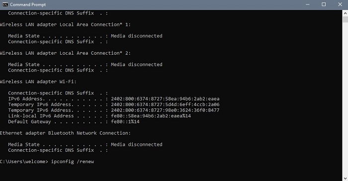 Gõ tiếp lệnh ipconfig /renew để laptop làm mới địa chỉ IP