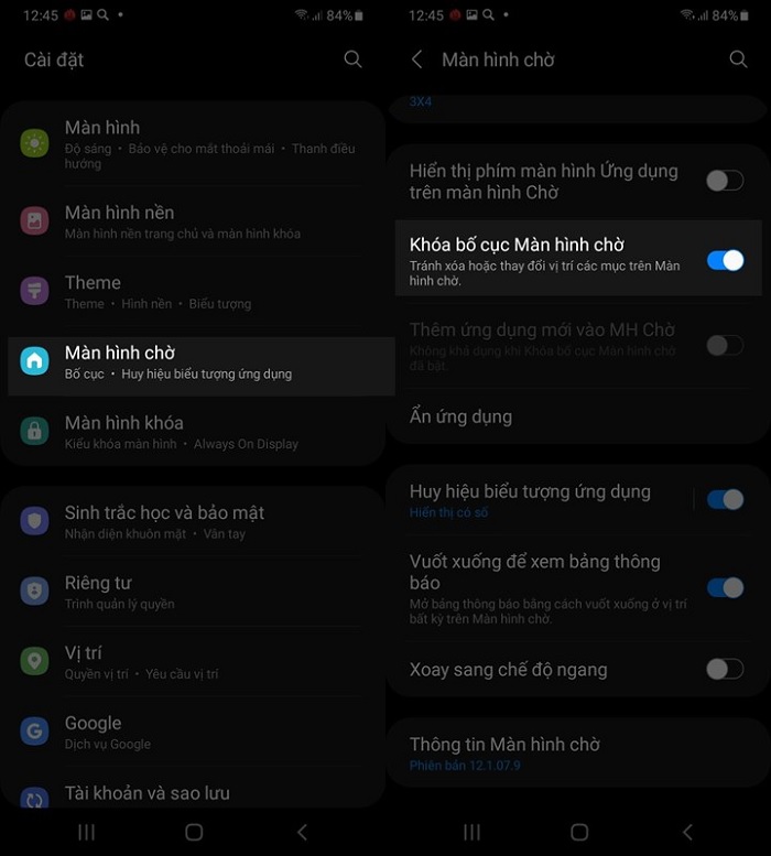 Kích hoạt chế độ khóa bố cục màn hình chờ