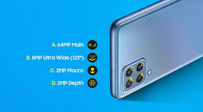 Galaxy M32 có thông số camera phụ tương tự F22, song camera chính có độ phân giải cao hơn là 64MP