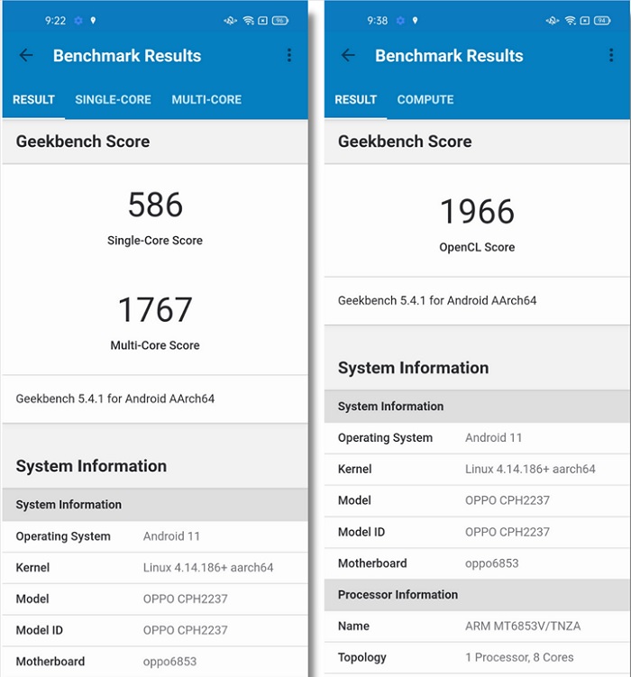 Chấm điểm hiệu năng của Reno6 Z 5G qua phần mềm GeekBench 5