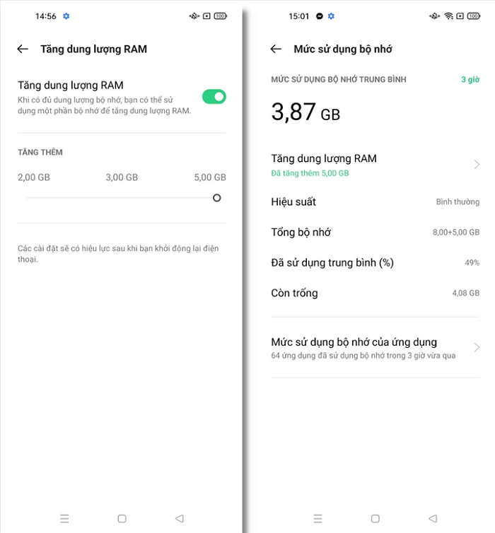 Máy còn sở hữu tính năng tăng dung lượng RAM bằng cách sử dụng bộ nhớ trong của thiết bị