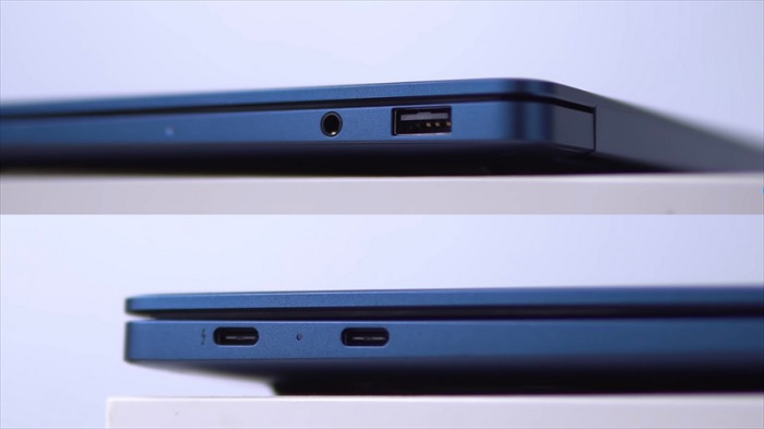 Cạnh trái được bố trí 2 cổng USB-C trong đó một cổng hỗ trợ Thunderbolt 4, cạnh phải được bố trí cổng USB-A và jack tai nghe 3.5mm