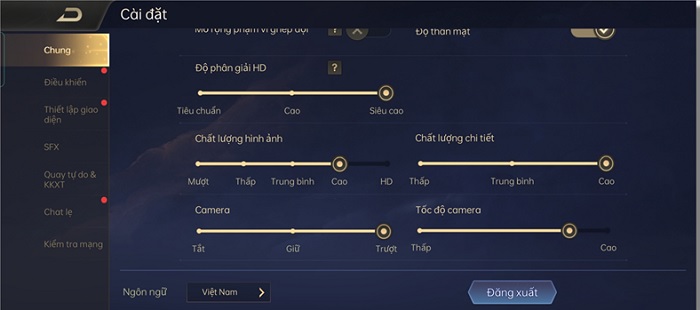Cài đặt cấu hình trong game Liên Quân Mobile