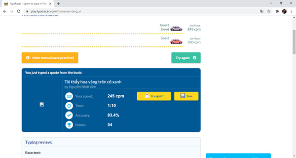 Website kiểm tra tốc độ đánh máy tiếng Việt trên Type racer (1)