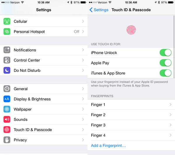 Sau đó bạn chọn dấu vân tay cần xóa tại Ngón tay 1, Ngón tay 2… >> chọn Xóa Dấu vân tay. Sau khi thành công xóa Dấu vân tay, bạn chọn mục Add a Fingerprint (Thêm dấu vân tay) để đăng ký lại dấu vân tay Touch ID của mình (1)