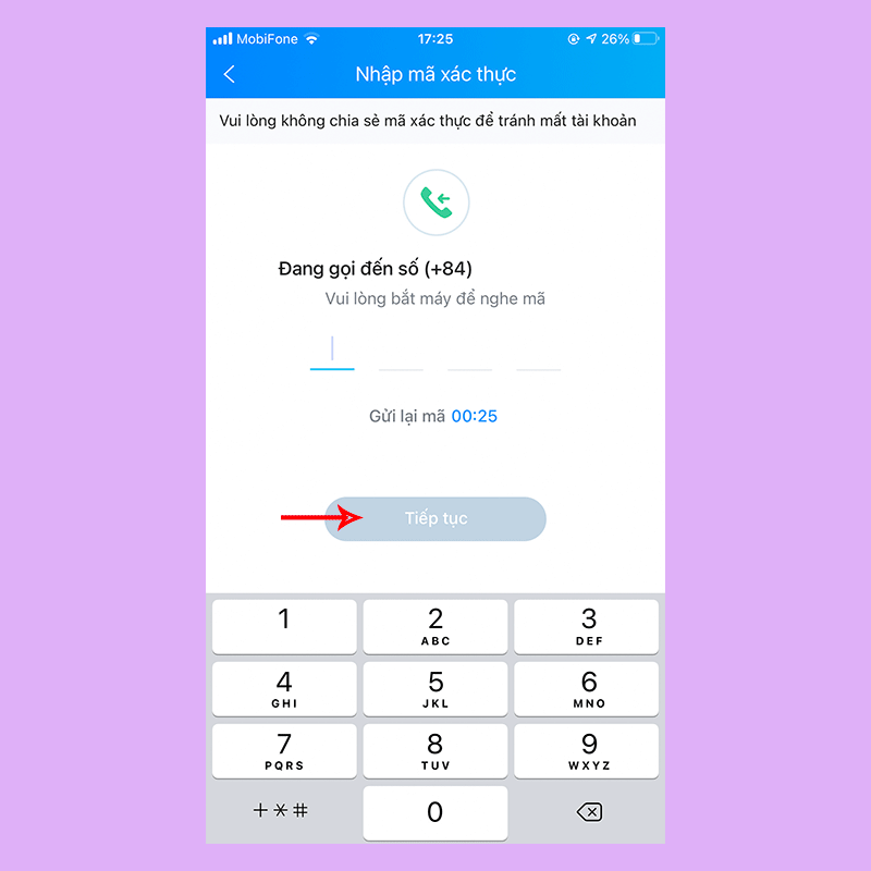 Bắt máy cuộc gọi của Zalo lấy mã xác thực để nhập vào
